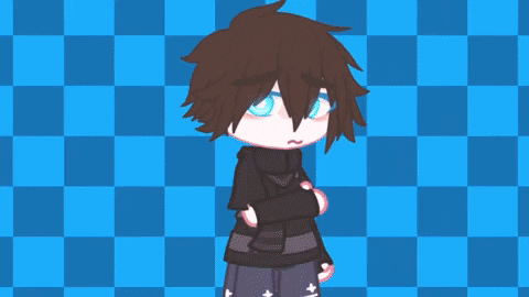 Cartoon Character With Brown Hair And Blue Eyes On Blue Checkered Background GIF