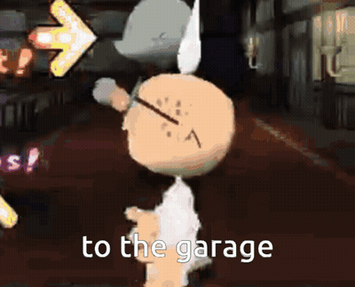 Cartoon Character With Clock On Head Saying To The Garage GIF