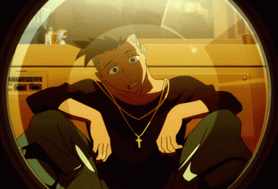 Cartoon Character With Cross Necklace Sitting In Washing Machine GIF