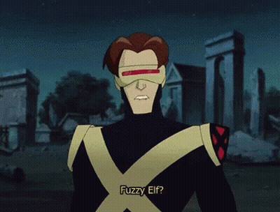 Cartoon Character With Cross Saying Fuzzy Elf GIF