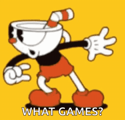Cartoon Character With Cup On Head Saying What Games GIF