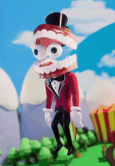 Cartoon Character With Fake Teeth On Head In Top Hat GIF