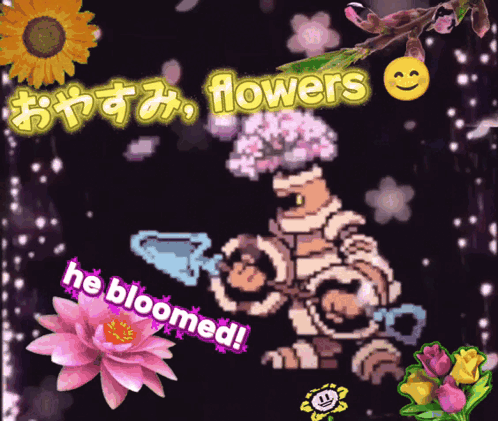 Cartoon Character With Flowers On Head Saying He Bloomed GIF