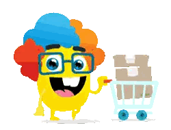 Cartoon Character With Glasses And Colorful Wig Pushing Shopping Cart Sticker