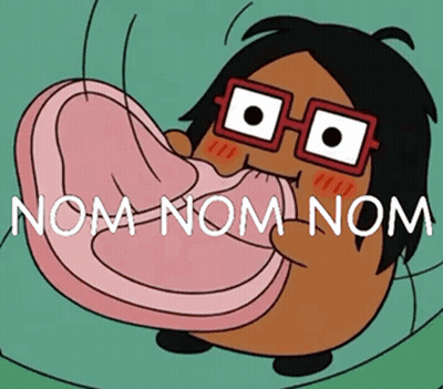 Cartoon Character With Glasses Eating Meat Saying Nom Nom Nom GIF