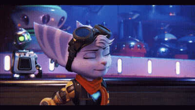 Cartoon Character With Goggles And Scarf Standing In Front Of Robot GIF
