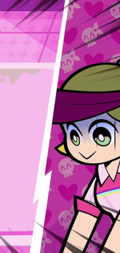Cartoon Character With Green Eyes And Purple Hat With Skulls And Hearts GIF