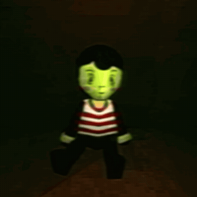 Cartoon Character With Green Face And Striped Shirt In Dark Room GIF