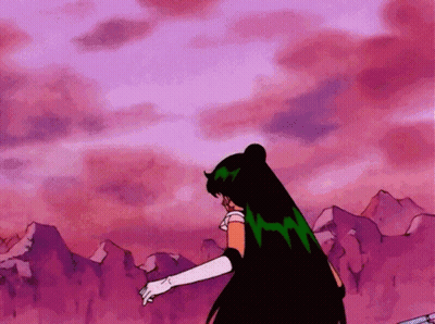 Cartoon Character With Green Hair And White Gloves In Pink Sky GIF