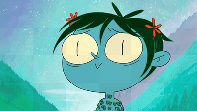 Cartoon Character With Green Hair And Yellow Eyes And Flower GIF