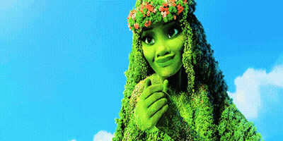 Cartoon Character With Green Hair Flower Crown Under Blue Sky GIF