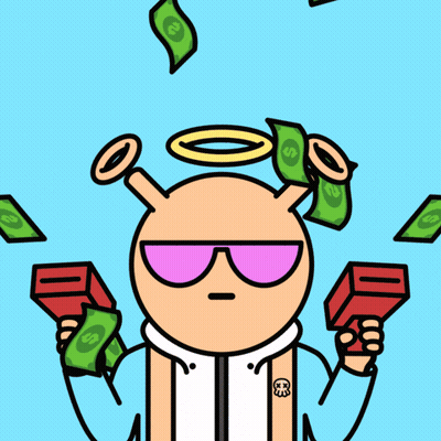 Cartoon Character With Halo Holding Gun With Dollar Bill GIF
