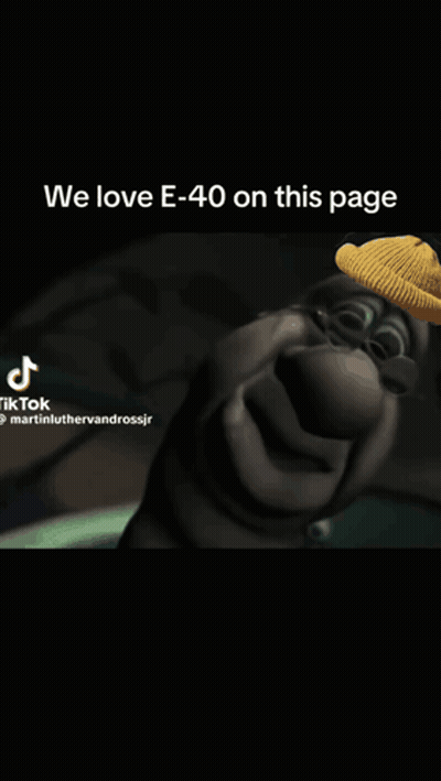 Cartoon Character With Hat And Glasses Says We Love E-40 GIF