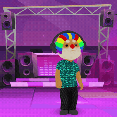 Cartoon Character With Headphones And Clown Wig On Stage GIF