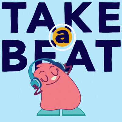 Cartoon Character With Headphones In Front Of Take Beat Sign GIF