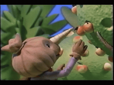 Cartoon Character With Horn Picking Apples From Tree GIF