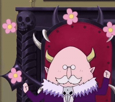 Cartoon Character With Horns And Mustache Sitting In Chair With Pink Flowers GIF