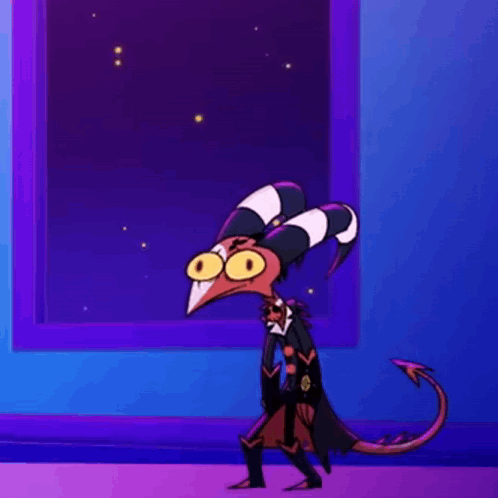 Cartoon Character With Horns And Tail Next To Window GIF