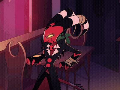 Cartoon Character With Horns And Tail Standing Next To Table GIF