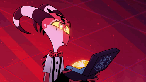 Cartoon Character With Horns Holding Laptop Says What GIF