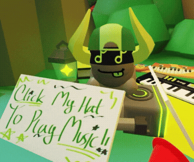 Cartoon Character With Horns Holding Sign Saying Click My Hat To Play Music GIF
