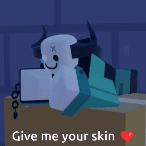 Cartoon Character With Horns Sitting On Box Saying Give Me Your Skin GIF
