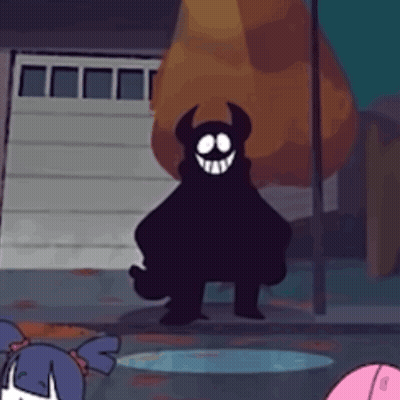 Cartoon Character With Horns Smiling In Front Of Garage Door GIF