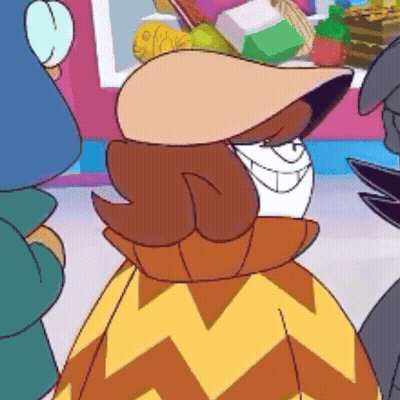 Cartoon Character With Horns Smiling In Front Of Garage Door GIF