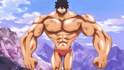 Cartoon Character With Huge Muscles In Front Of Mountain Range GIF