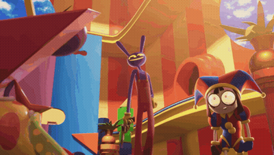 Cartoon Character With Jester Hat Standing Next To Rabbit GIF