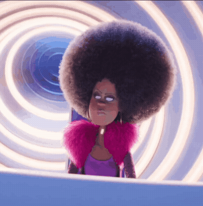 Cartoon Character With Large Afro And Pink Fur Coat GIF