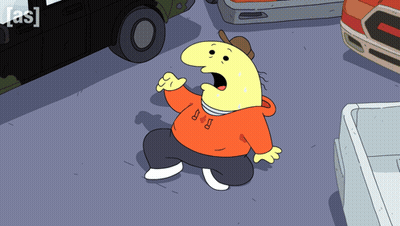 Cartoon Character With Letter S On Sweatshirt GIF