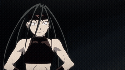 Cartoon Character With Long Black Hair And V On Forehead GIF