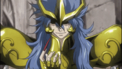 Cartoon Character With Long Blue Hair and Gold Armor