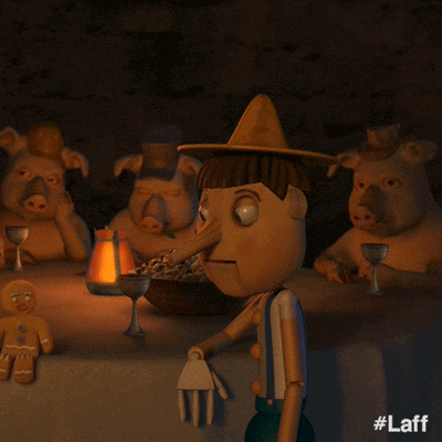 Cartoon Character With Long Nose Surrounded By Pigs GIF