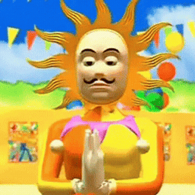 Cartoon Character With Mustache And Sun-Shaped Face GIF