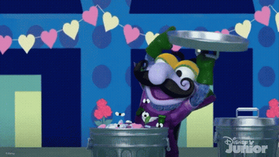 Cartoon Character With Mustache Next To Trash Can With Disney Junior Logo GIF