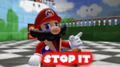 Cartoon Character With Mustache Pointing At Stop It Sign GIF