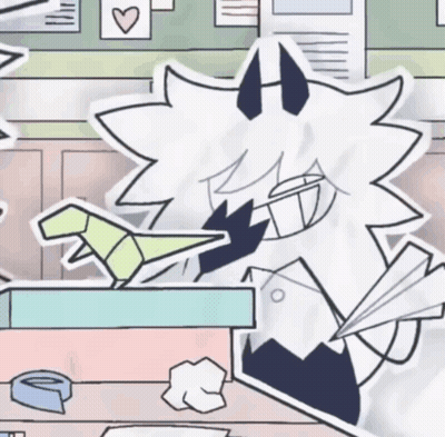 Cartoon Character With Paper Airplane In Mouth At Desk GIF