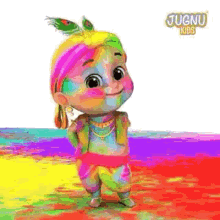 Cartoon Character With Peacock Feather On Rainbow Background GIF