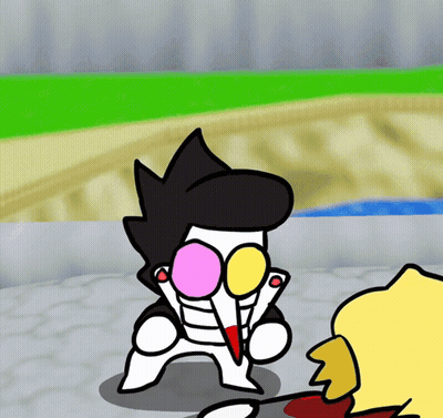Cartoon Character With Pink And Yellow Eyes Beside Another GIF