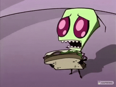 Cartoon Character With Pink Eyes Holding Sandwich GIF