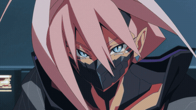 Cartoon Character With Pink Hair And Blue Eyes Wearing Mask GIF