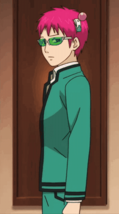 Cartoon Character With Pink Hair And Green Glasses At Door GIF