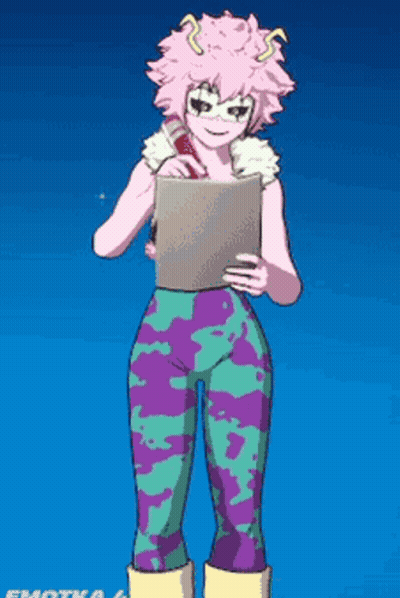 Cartoon Character With Pink Hair And Purple Pants Holding Clipboard GIF