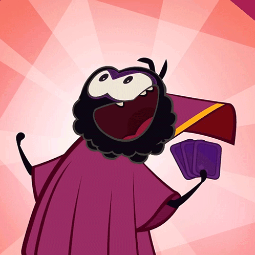 Cartoon Character With Purple Cape Holding Cards GIF