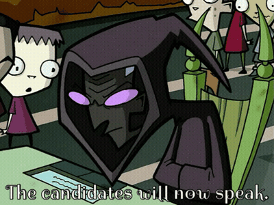 Cartoon Character With Purple Eyes and Words The Candidates Will Now Speak