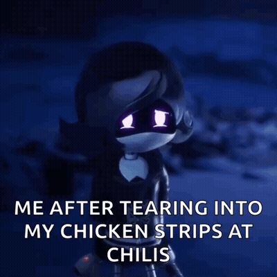 Cartoon Character With Purple Eyes Says Me After Tearing Into My Chicken Strips At Chilis GIF