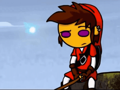 Cartoon Character With Purple Eyes Sitting On Rock Holding Sword GIF