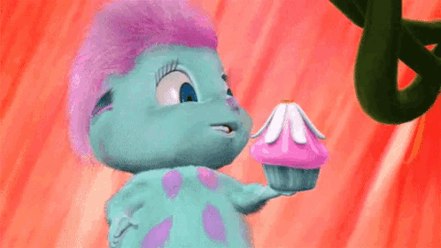 Cartoon Character With Purple Hair Holding Pink Flower GIF